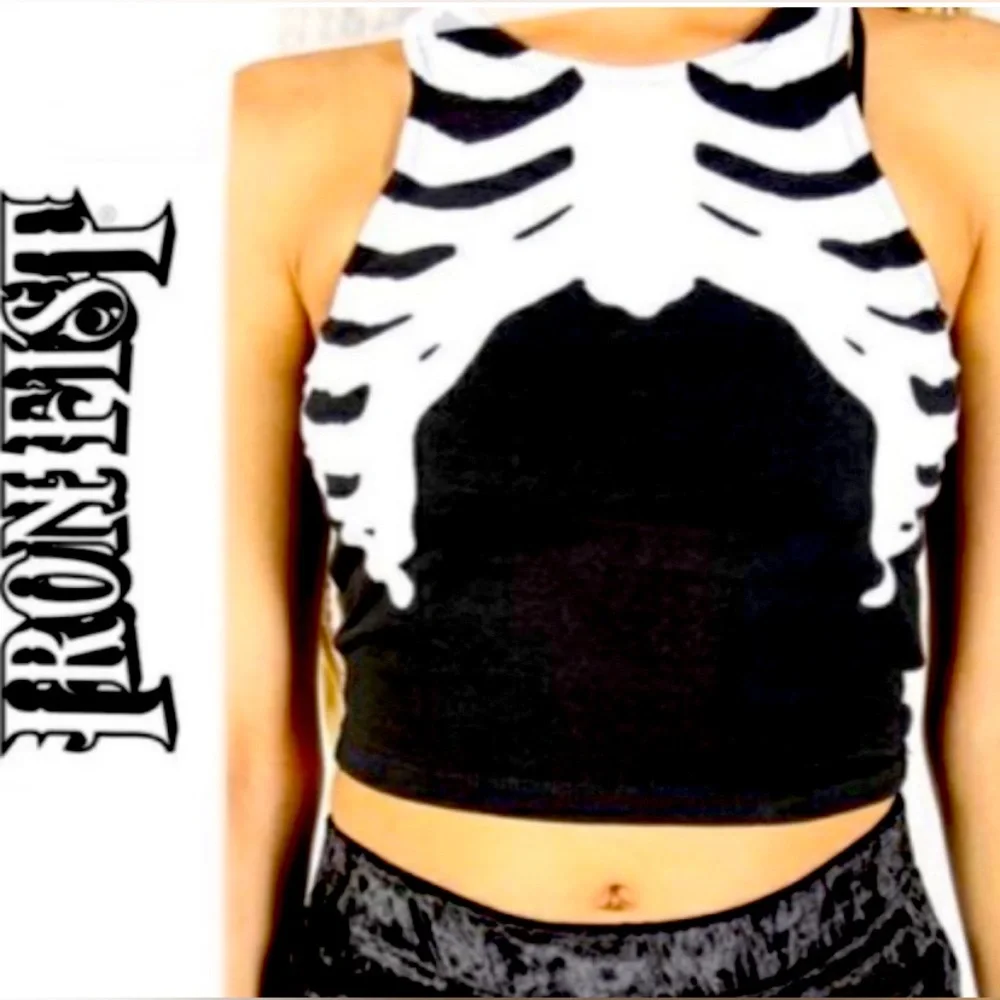 🔥IRON FIST L like SMALL SIZE CROP SUMMER TOP NWT SKULL BONES SKELETON goth punk - Picture 3 of 6